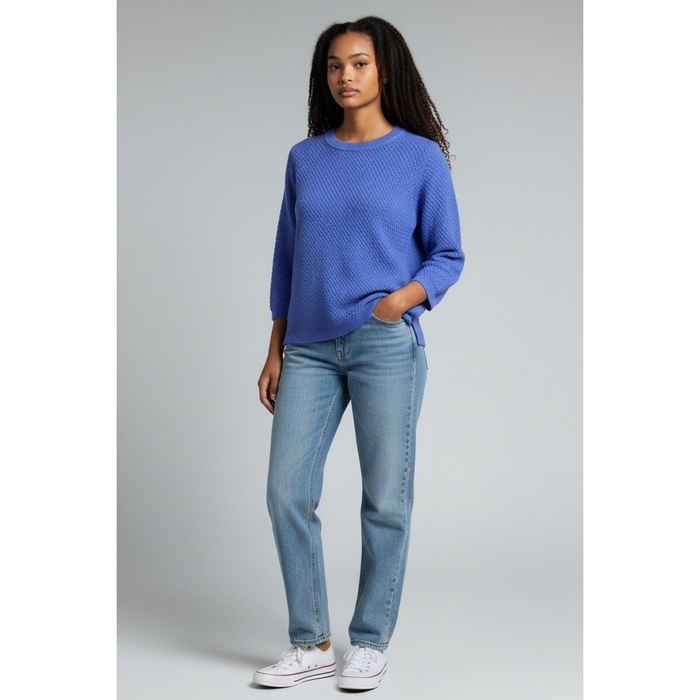 Talbots Petite Blue Textured Honeycomb Knit 3/4 Sleeve Sweater SP